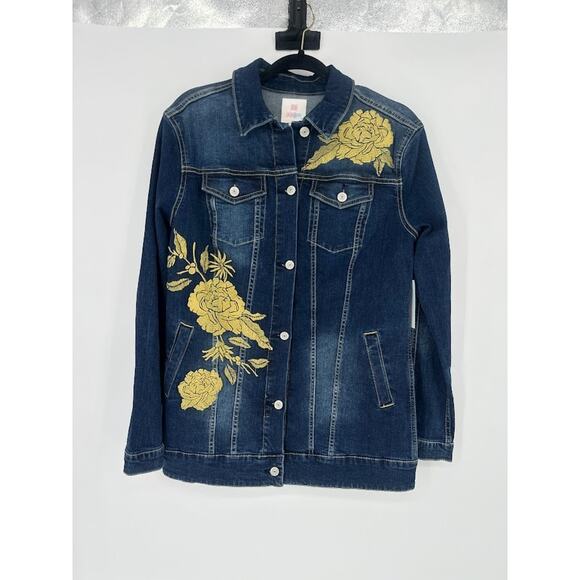 Lularoe Jean Jacket Women Medium Boho Gold Embroidery Flowers Dark Denim Pockets - Picture 2 of 10